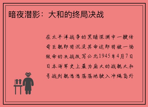 暗夜潜影：大和的终局决战